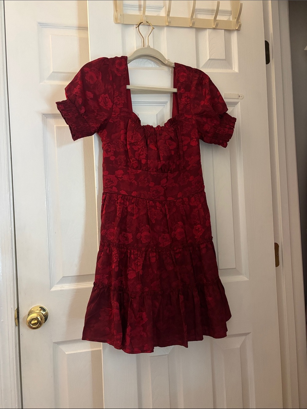 Altar'd State Burgundy Floral Puff-Sleeve Mini Dress